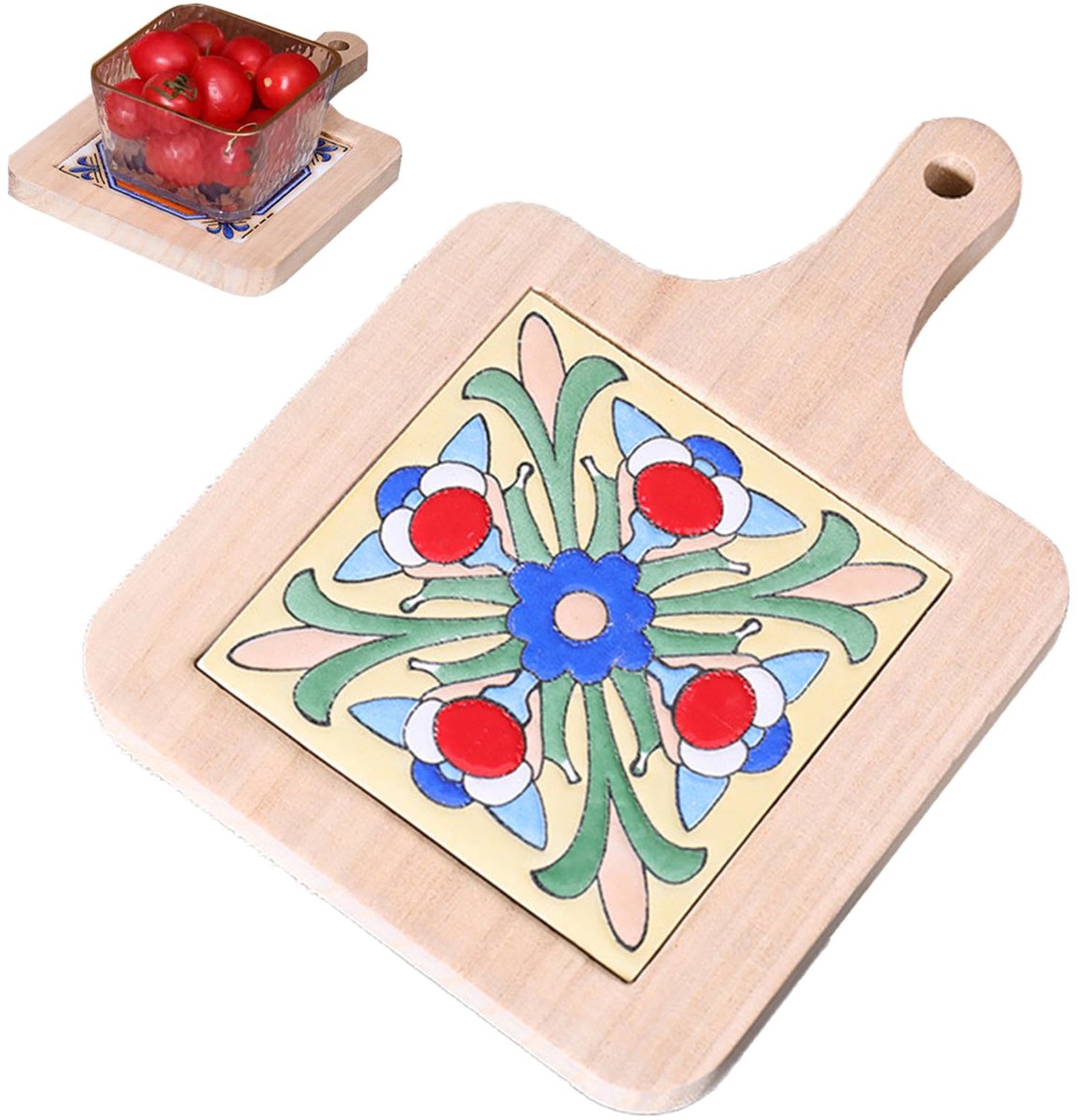 Houten tegelonderzetter 19,8 cm - vintage met handvat - rustiek design - ideaal voor potten en pannen - ShopVlot