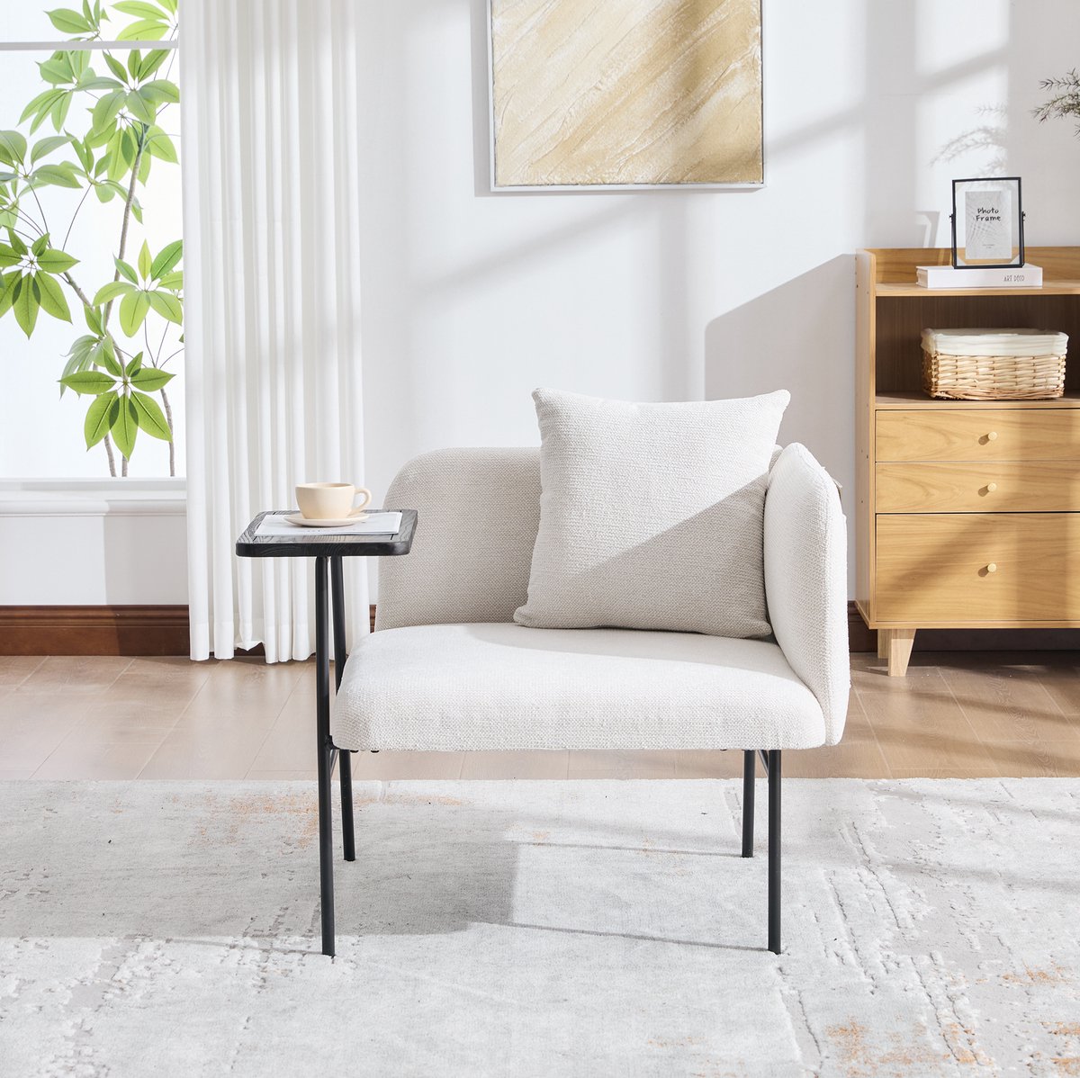 Wishdor Fauteuil met bijzettafel - Scandinavisch minimalistisch ontwerp - Chenille stof - Met armleuningen en opbergtassen - Zwart metalen frame - Beige - 86 x 72 x 71 cm