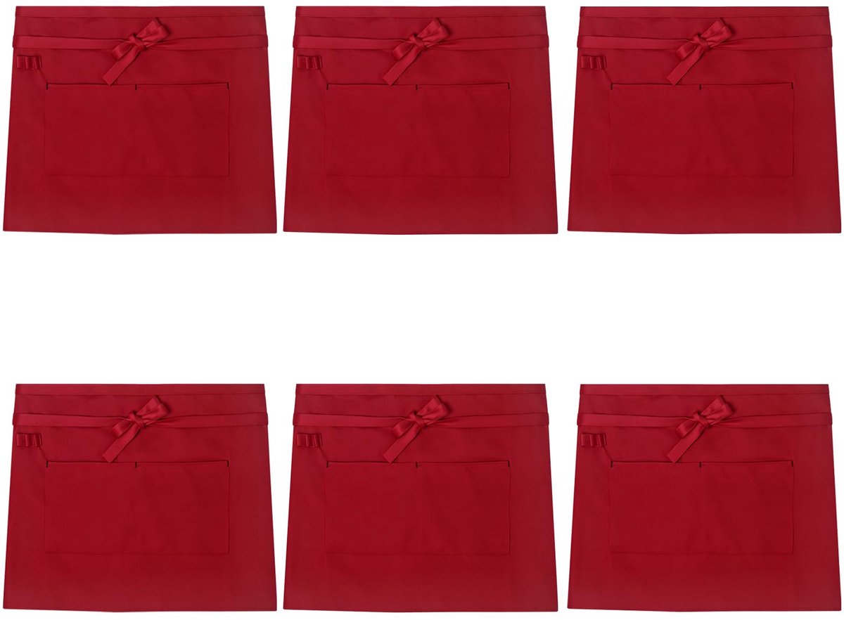 Kelnerschorten set van 6 kort 60 x 38 cm - rood polyester met zakken - voor keuken en horeca - ShopVlot