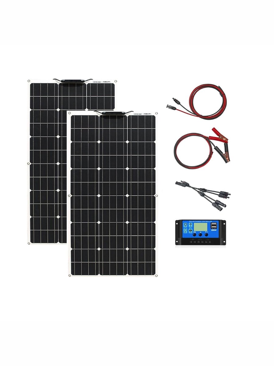 Allvia® Zonnepanelen Compleet Pakket - Zonnepanelen - Zonnepanelen met Stekker - met 20A Zonnelaadregelaar - 2 Stuks 100W 12V - Zwart - 100cm x 50cm x 1cm