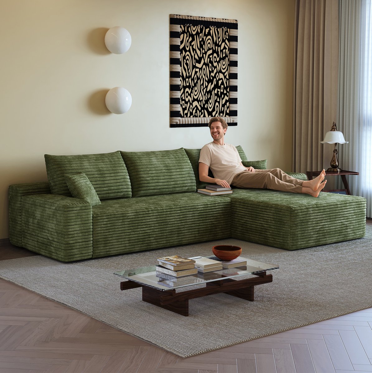 MODENUIT Hoekbank 270 cm - Modulaire L-vormige Chaiselongue - 3-zits - Voor Woonkamer - Ribstof - Groen