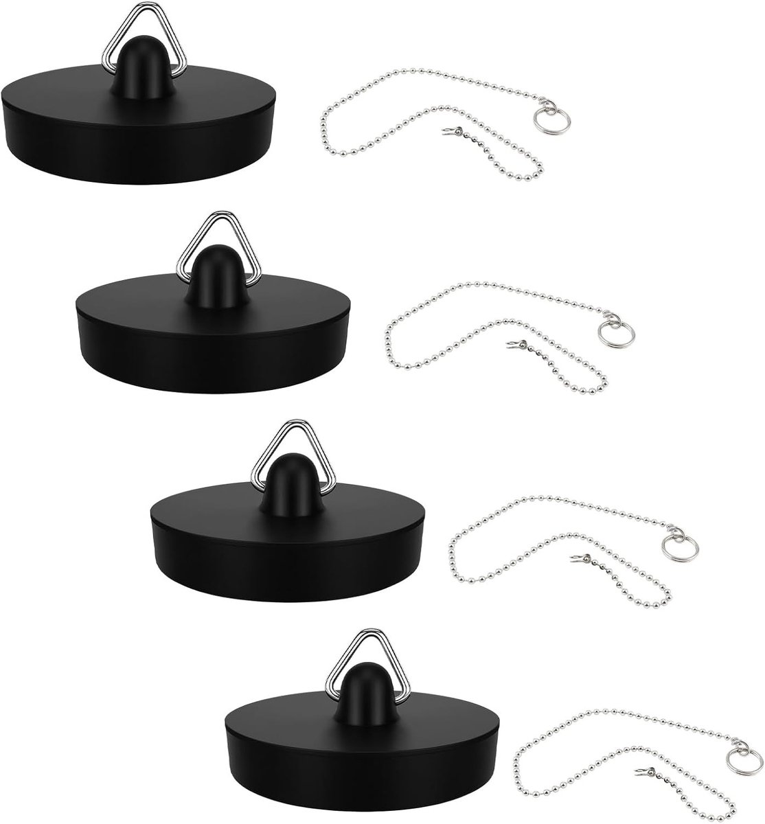 Set van 4 Afvoerstoppen met een Diameter van 45 tot 47 mm en 40 cm RVS Ketting, Flexibele PVC Stoppen voor Wastafel, Badkuip en Keukenafvoer, Waterdichte Afvoeroplossing