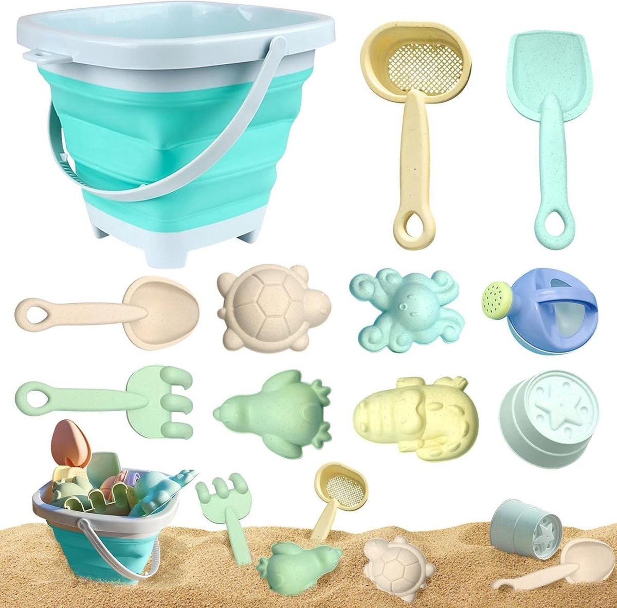 11-delige zand speelgoed set met opvouwbare emmer en dierfiguren, BPA-vrij speelgoed voor strand en zandbak voor kinderen van 1-3 jaar (Macaron kleuren, willekeurige kleur)