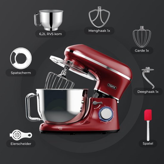 Keukenmachine - Keukenrobot - Deeg Kneden - Krachtige 2000W Motor - 6.2 Liter Kom - Rood — afbeelding 4
