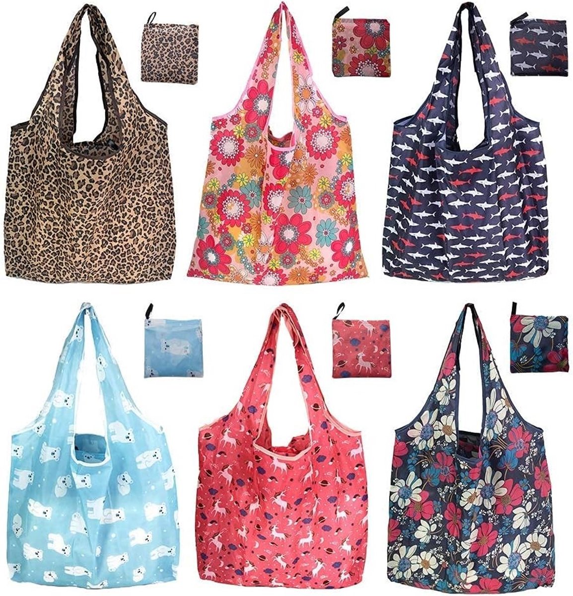 Herbruikbare Vouwbare Shopping Bags - 6 Stuks, Eco-vriendelijk, Grote Wasbare Tote Tassen in Diverse Kleuren en Stijlen
