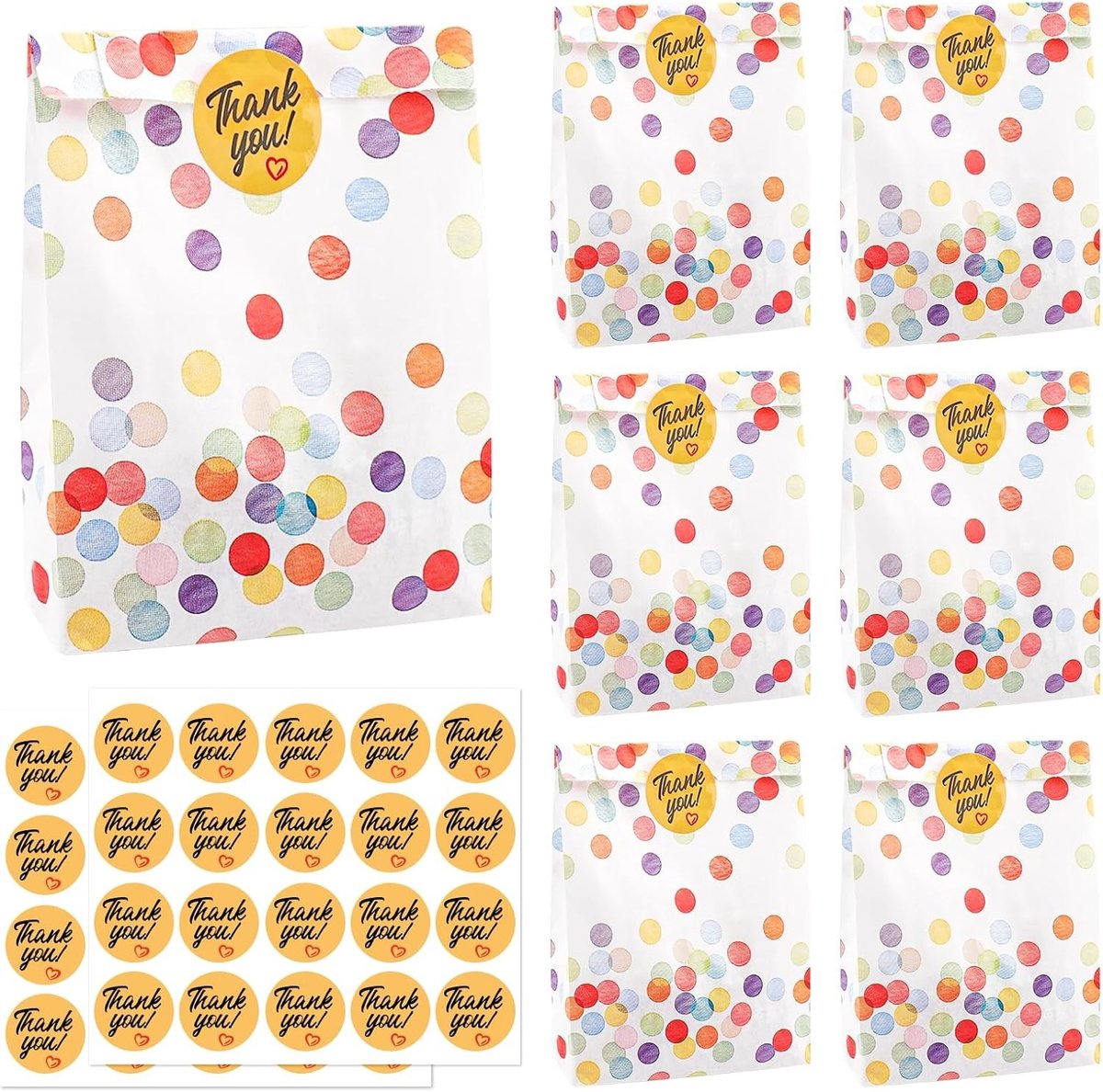 Set van 30 cadeauzakjes met 40 stickers, 19 x 13 x 3,5 cm, papieren tasjes voor verjaardagsgeschenken, bruiloften en feestjes met ronde stippen