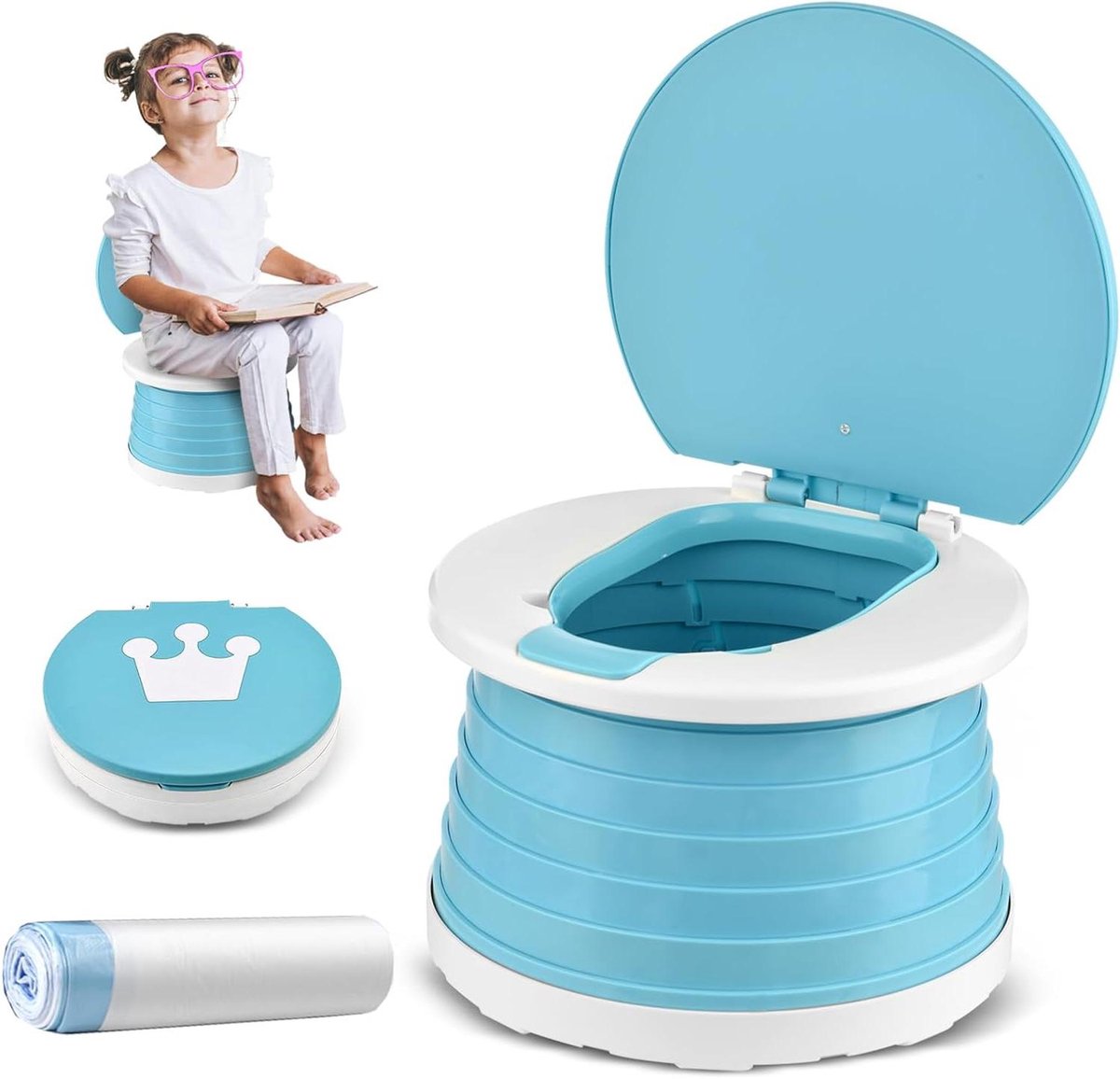 Baby Toilet Stoel - Opvouwbaar Potje - Zindelijkheidstraining Onderweg - Multifunctioneel 3-in-1 - 24 x 17 cm - Blauw