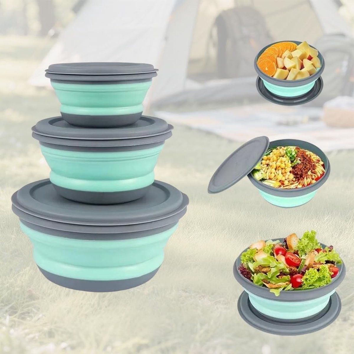 Set van 3 Opvouwbare Schalen met Deksel, Ideaal voor Kamperen, Reizen en Buitenactiviteiten, Handige Keukenaccessoires en Saladeschalen