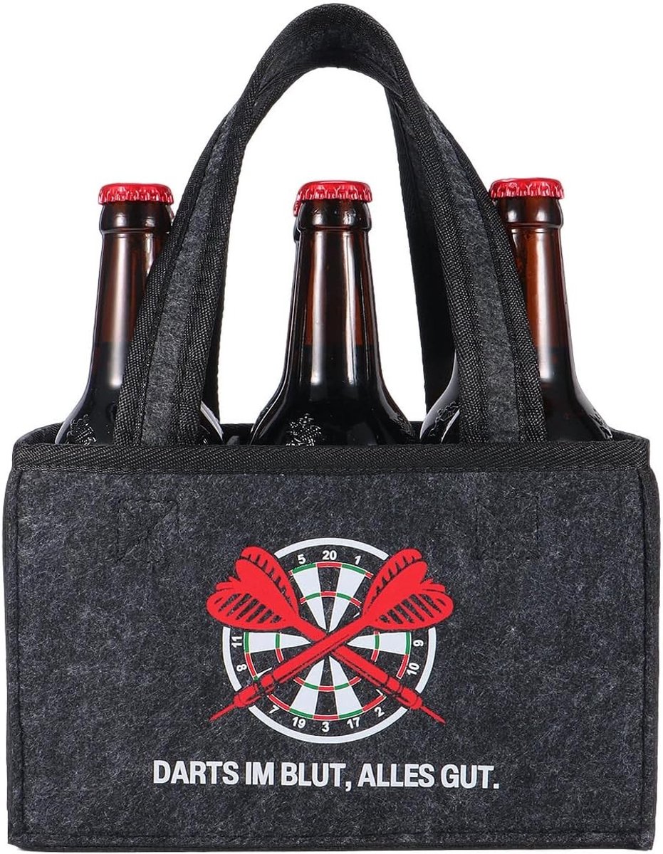 Mannenhandtas met spreuk "DARTS IM BLUT, ALLES GOET." - Coole flessentas voor 6 flessen bier, dart accessoires en unieke cadeau-ideeën voor dartfans