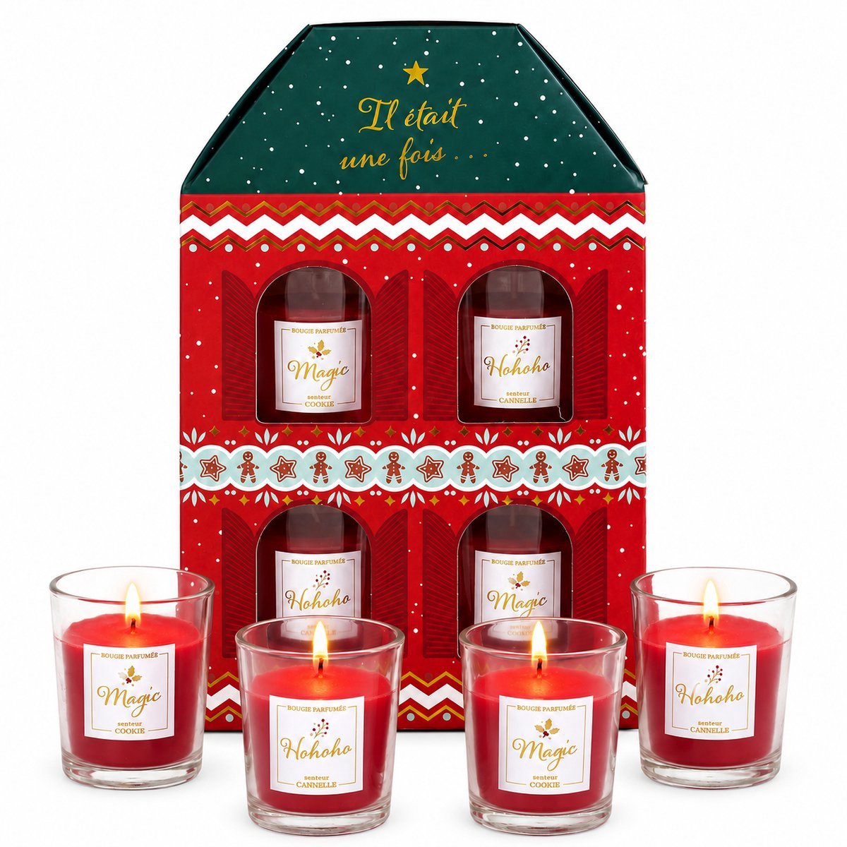 Kerst Geurkaarsen Cadeauset – 4 Rode Geurkaarsen – Kaneel & Cookie – 20 Uur Brandduur – Kerstcadeau in Geschenkdoos – Rood