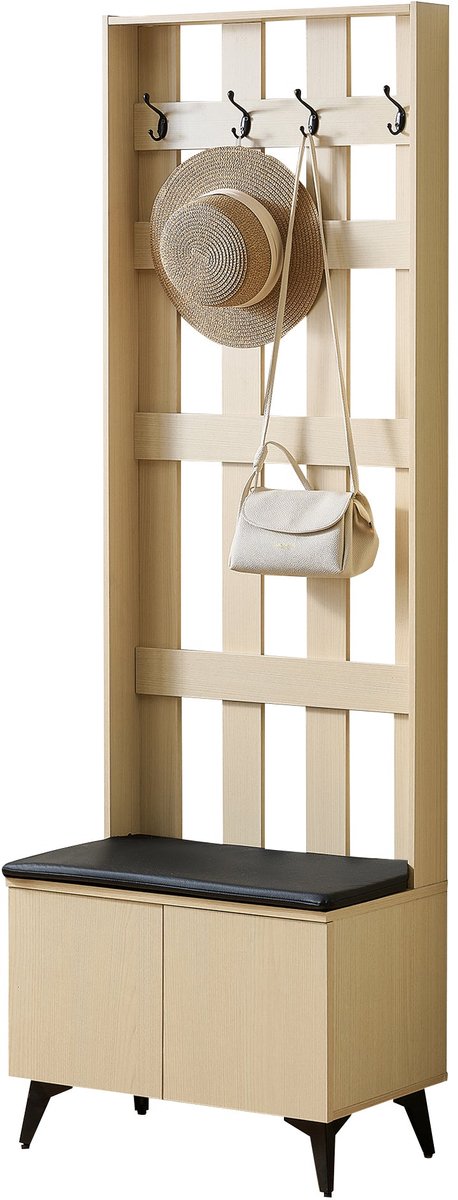 Merax Halmeubel met Zitbank - 60 x 35 x 179,5 cm - Lichte Houtkleur - 4 Kapstokhaken - Schoenenkast met Opbergruimte