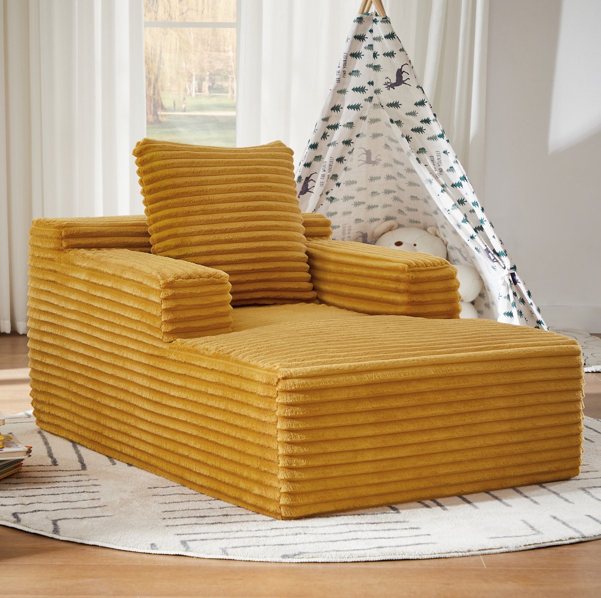 MODENUIT Chaise Longue 117 Cm - 1-Zits - Met Armleuningen - Voor Woonkamer En Kantoor - Ribstof Geel