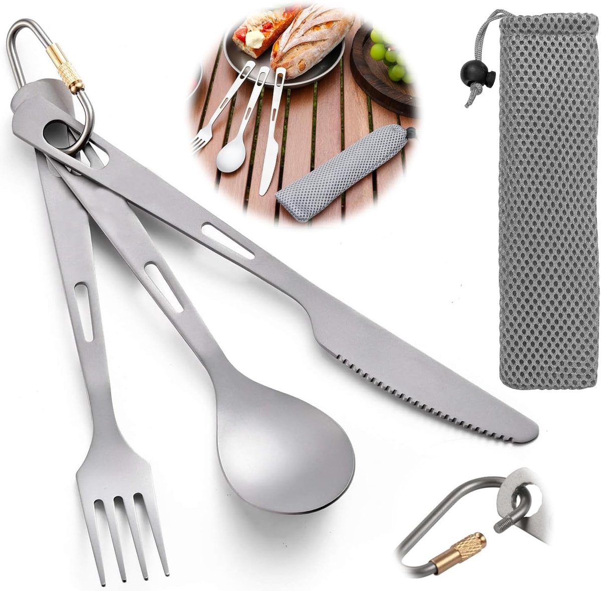 Drie-delige titanium bestekset met lepel, spork en mes - Lichtgewicht en draagbaar voor kamperen, picknicken en wandelen