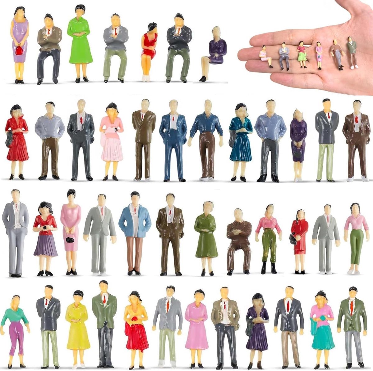 50 stuks meerkleurige mensenfiguren schaal 1:50 voor miniatuurscènes, staande en zittende modellen, perfect voor diorama's en modelbouw