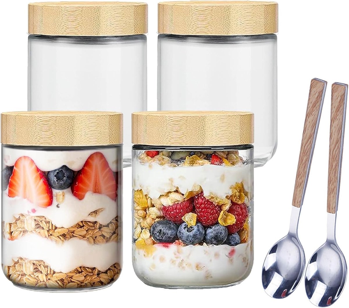 Overnight Oatmeal Glazen Potten Set van 4 - 500ml met Bamboedeksel en RVS Lepels voor Havermout, Noten en Fruit