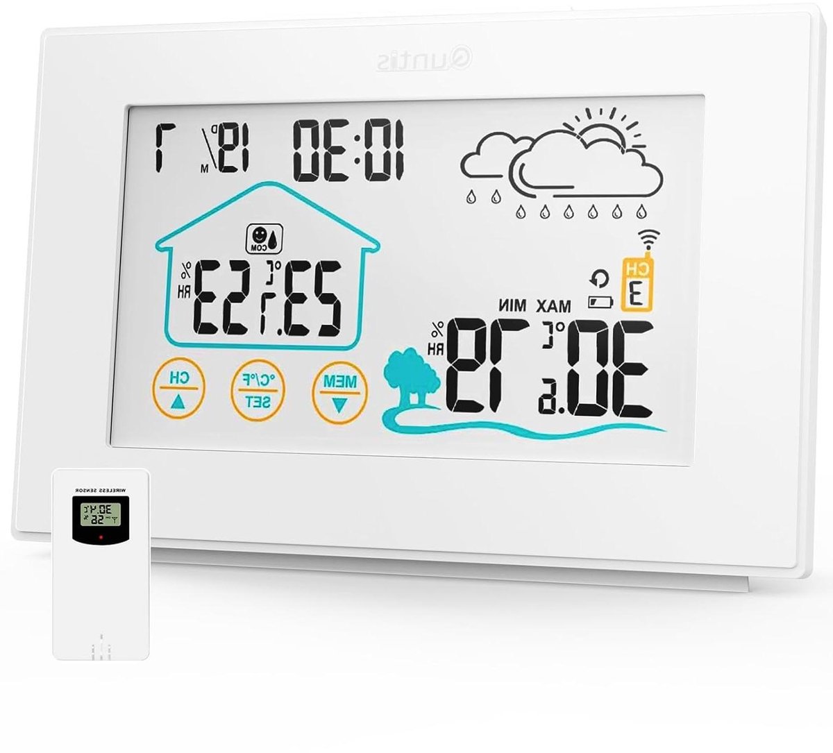 Weerstation Binnen Buiten - Digitale Thermometer - Weersvoorspelling - 5 Inch Groot Display - Draadloze Sensor - Wit
