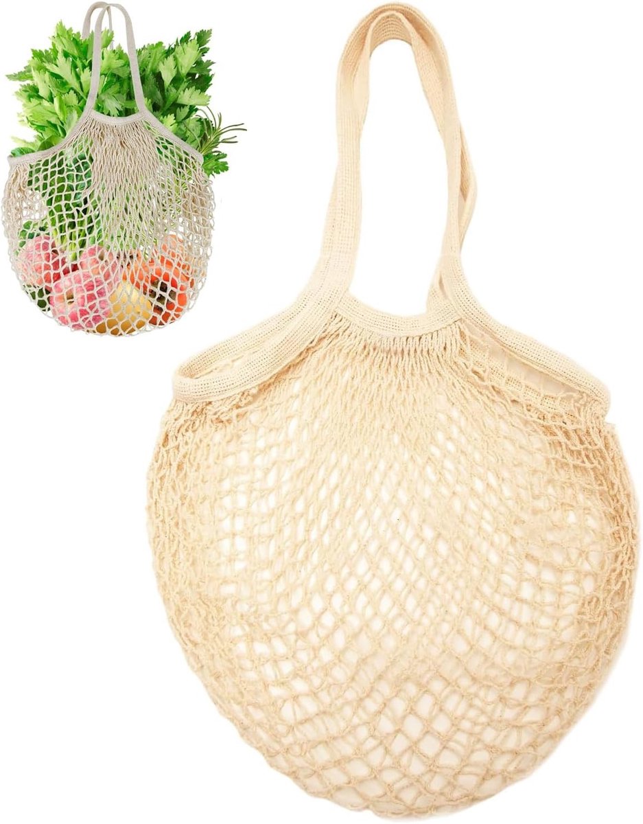 Herbruikbare boodschappentassen met lange handvatten voor fruit, groenten en boodschappen - Beige kleur