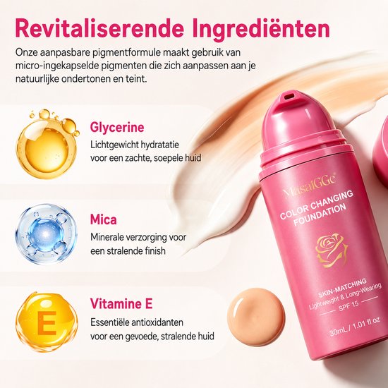 Roze flacon met kleurveranderende foundation. Illustraties van glycerine, mica en vitamine E.