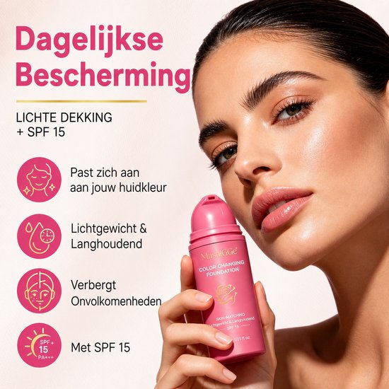 Close-up van een model die roze flacon foundation vasthoudt. Tekst "Dagelijkse Bescherming" en "Met SPF 15".
