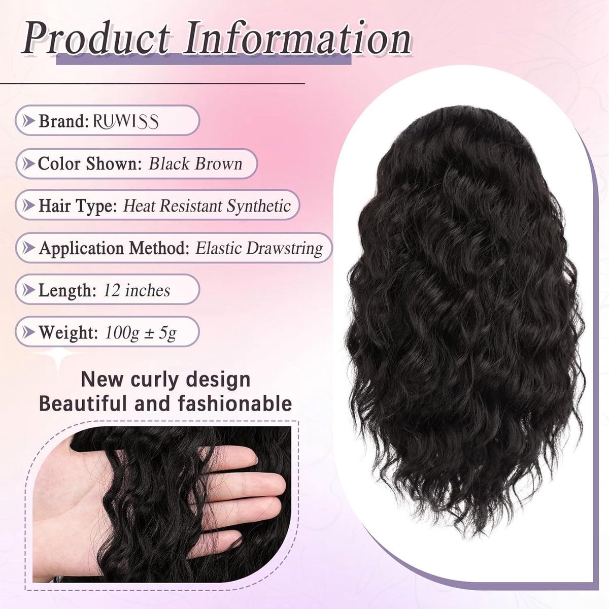 Kruidige Krullende Ponytail Clip-in, 30cm Lange Wavy Haarstuk voor Vrouwen, Synthetische Haarextensions in Zwart en Bruin