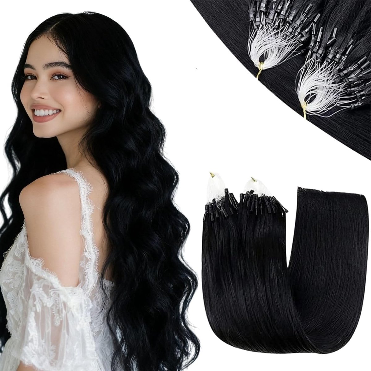 Microring Haarextensions van Menselijk Haar in Jet Black, 12 Inch, 50 Strengen, 40g - Korte Haarverlenging voor Volumineus Haar