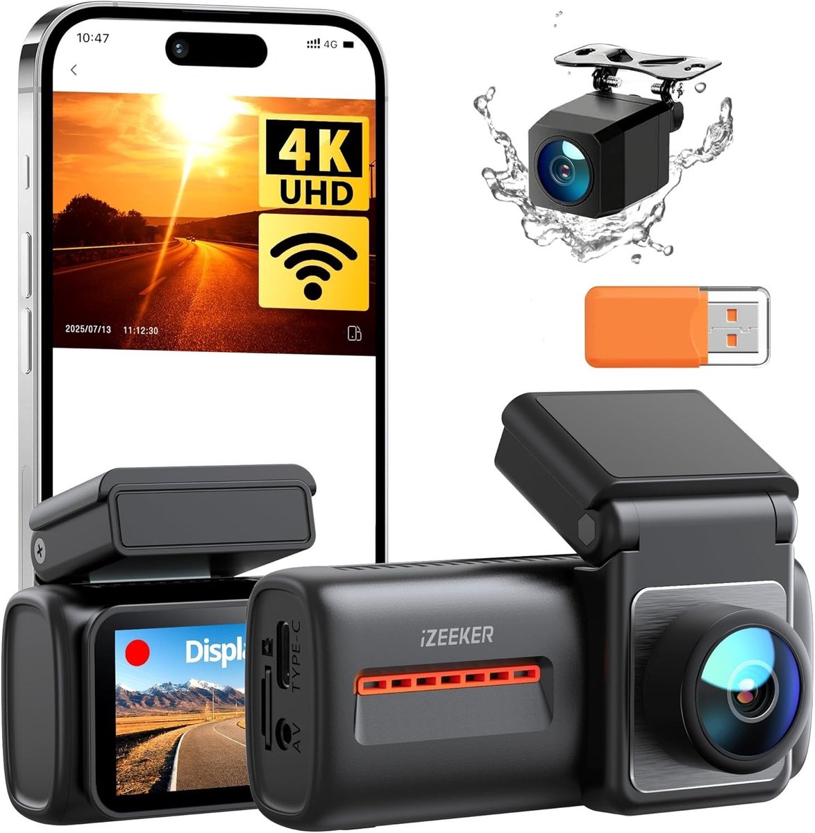 Dash Cam - Zwart - 8,5 x 5,1 x 4,5 cm - 4K Dual Dash Camera met WiFi 6 en Nachtzicht - Voor Auto's