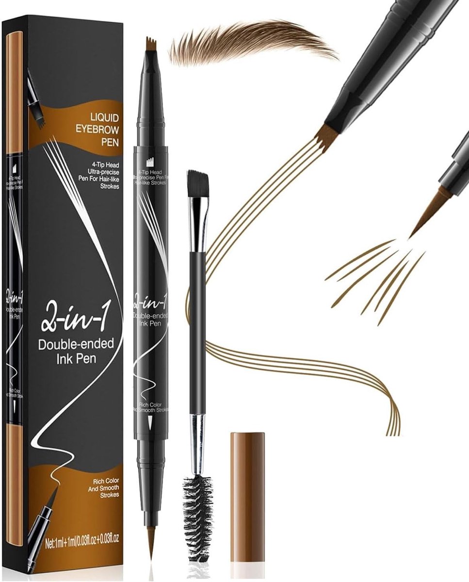 2-in-1 Waterproof Eyebrow Pen met 4 Tips voor Natuurlijke Vormen, Vivid Microblading en Lichtbruine Kleur voor Vrouwen