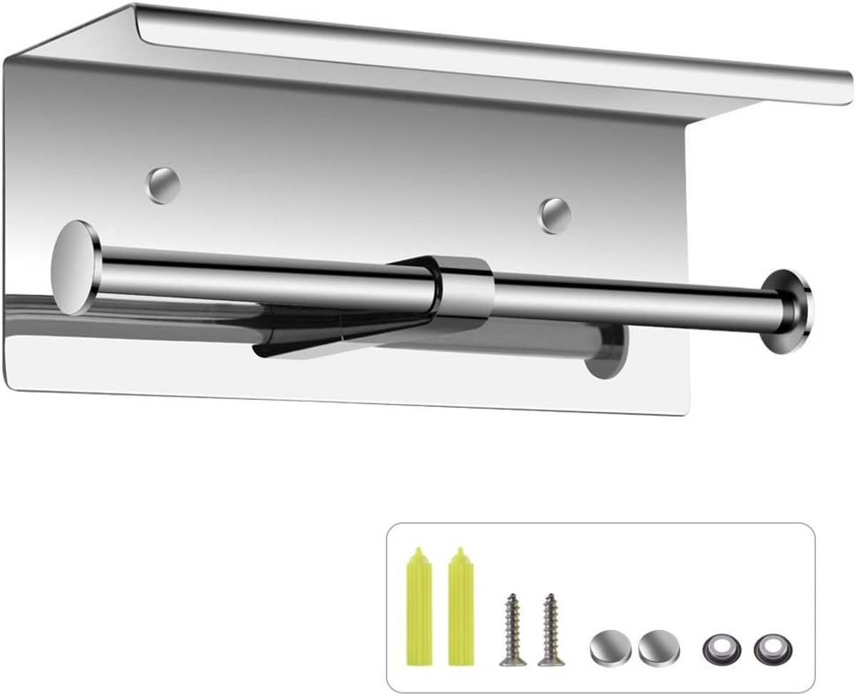 Dubbele Toiletpapierhouder met Plank, Wandgemonteerde 304 RVS Houder voor Twee Rollen, Multifunctionele Dispenser en Opbergruimte voor Toiletpapier