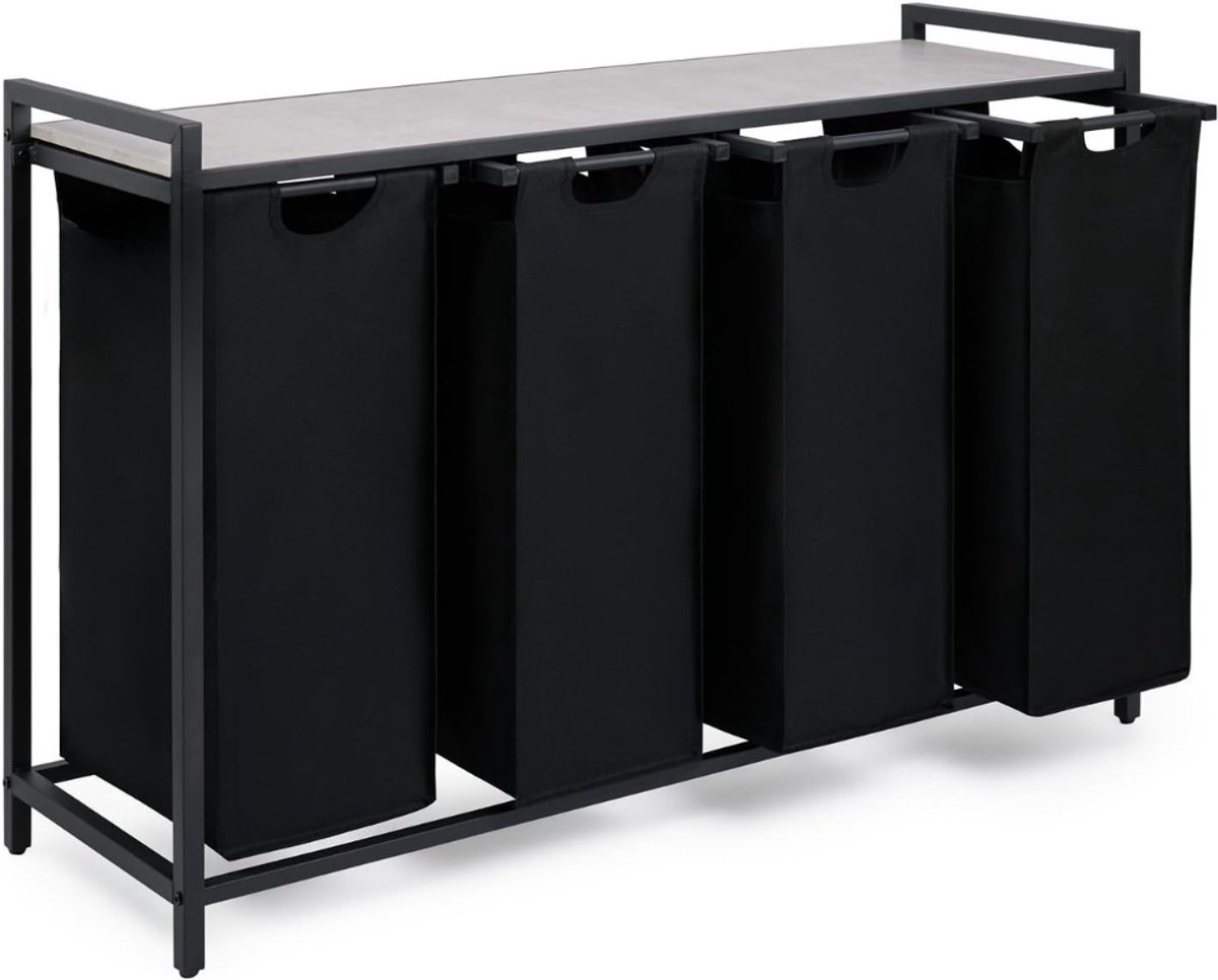 Allvia® Wasmand 4 Vakken - Wasbox - Wassorteerder - met Plank in Bamboe-Look - met Metalen Frame in Zwart - Zwart Beton - 36cm x 111cm x 73cm