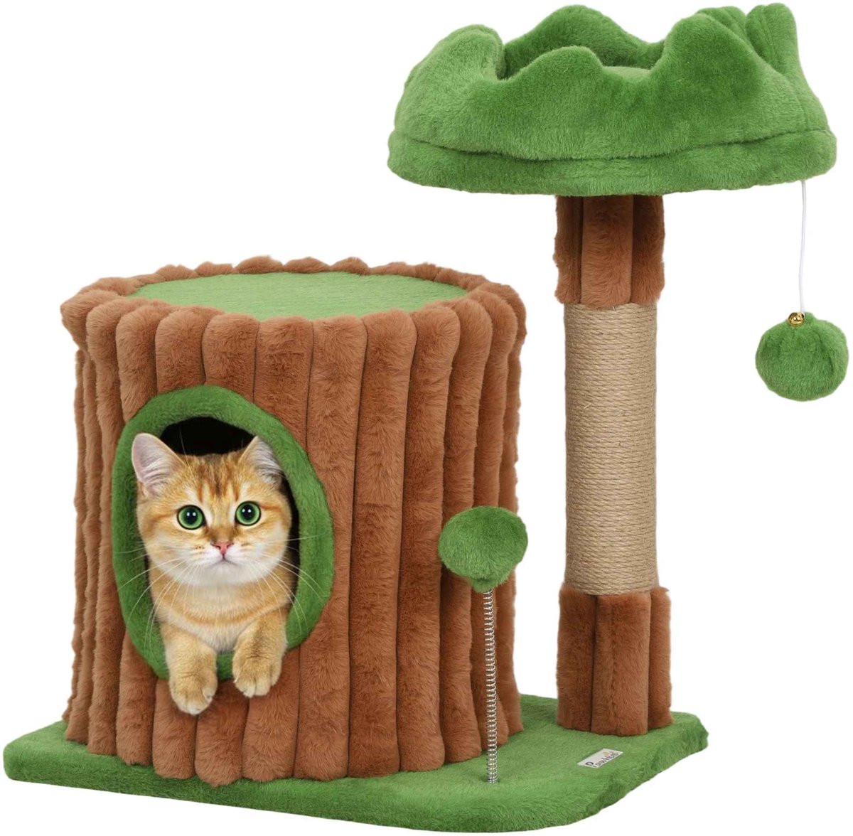 Casa Living Katten Krabpaal - Boomstam Design - Kattenhuis met Krabpaal - Pluche Ligbed - Jute Krabpalen - 53CM - Groen / Bruin