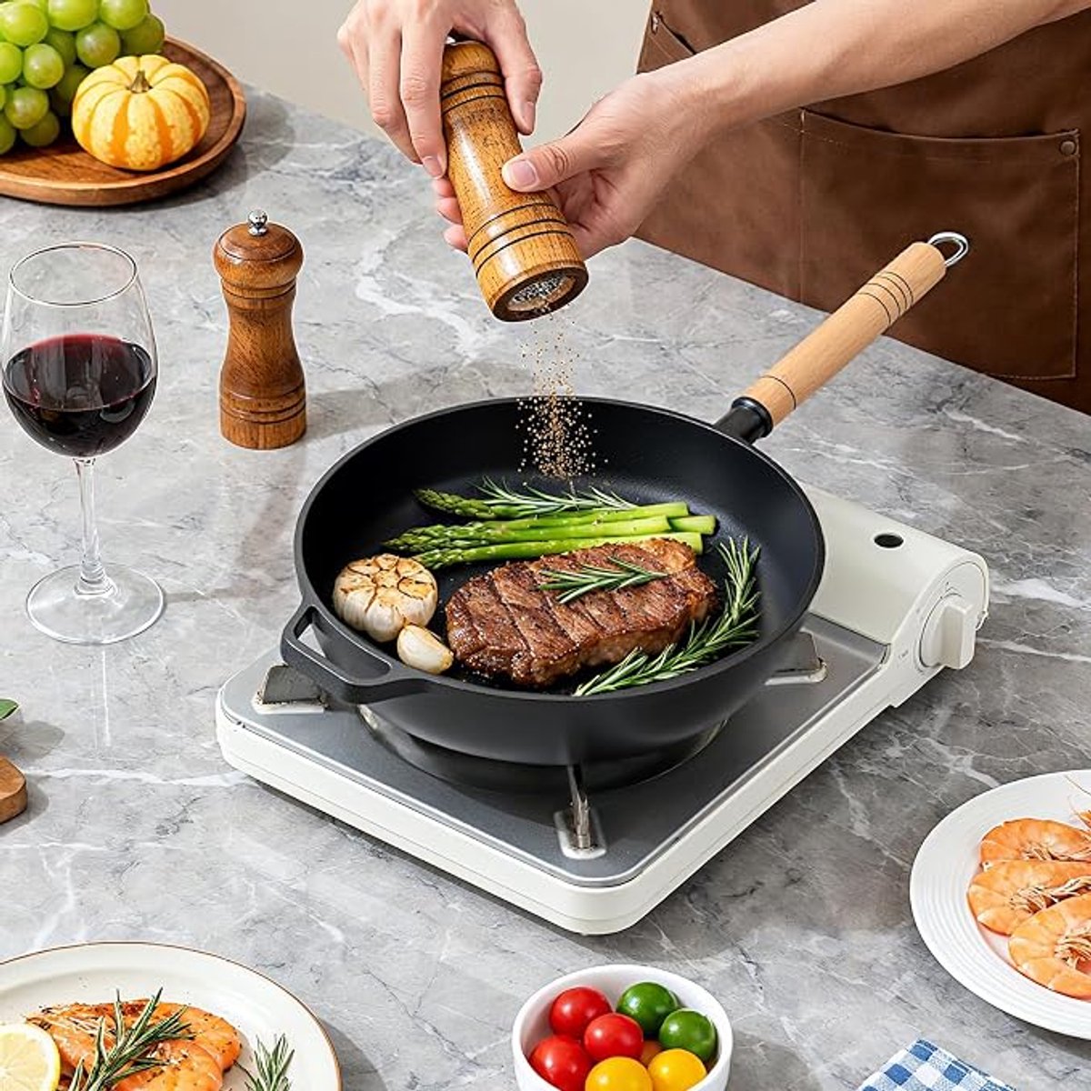 Gietijzeren pan 27cm, Gietijzeren pan Zonder coating, Braadpan Grillpan: Zonder coating Inductiepan Handgreep van massief hout Lange levensduur Geschikt voor alle kookplaten