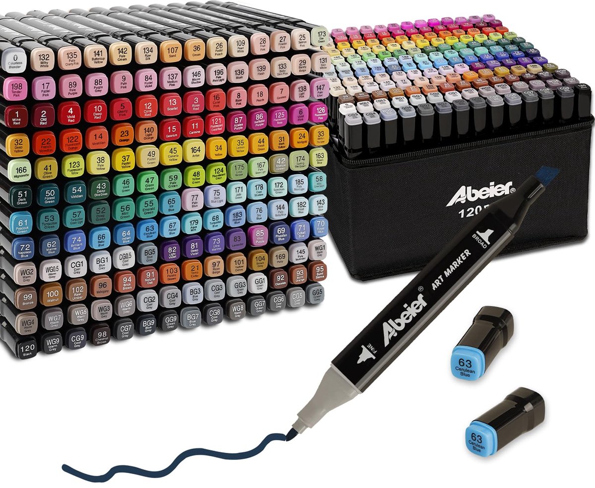 Thijox - Alcohol markers set 120 kleuren, permanente kunst set met dubbele punt, ideaal voor tekenen, kleuren, schetsen, markeren en onderstrepen, ges