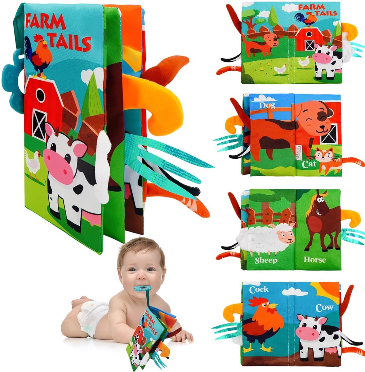 casalora Baby Stoffen Voelboek met Bijtring – Babyspeelgoed – Sensorisch Knisperboek voor 0-24 Maanden – Boerderijdieren