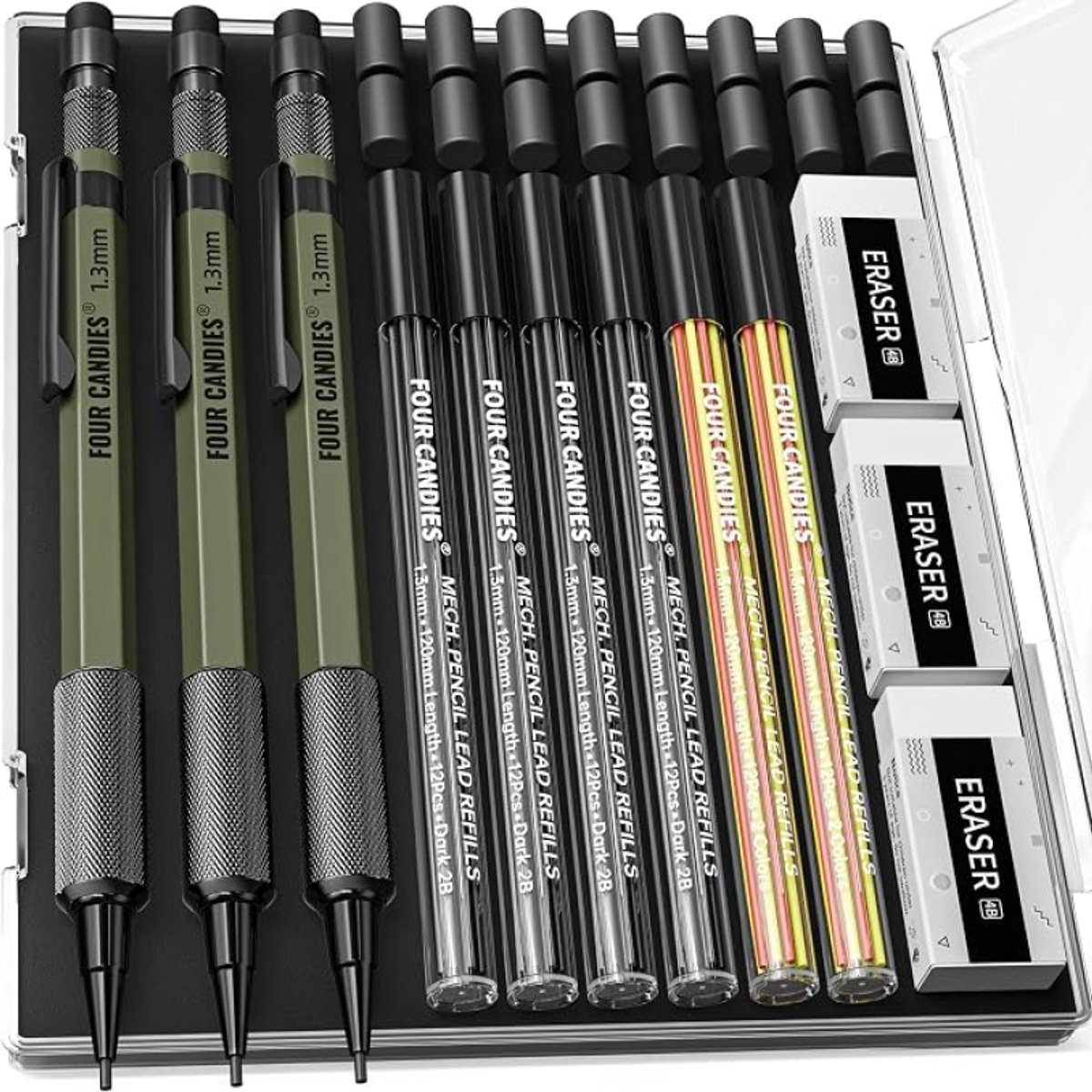 Mechanische Potloodset 1,3 mm - 3 Stuks Metaal met 48 Vullingen, Timmermanspotloden met Etui, Rood/Zwart/Geel, Weerbestendig