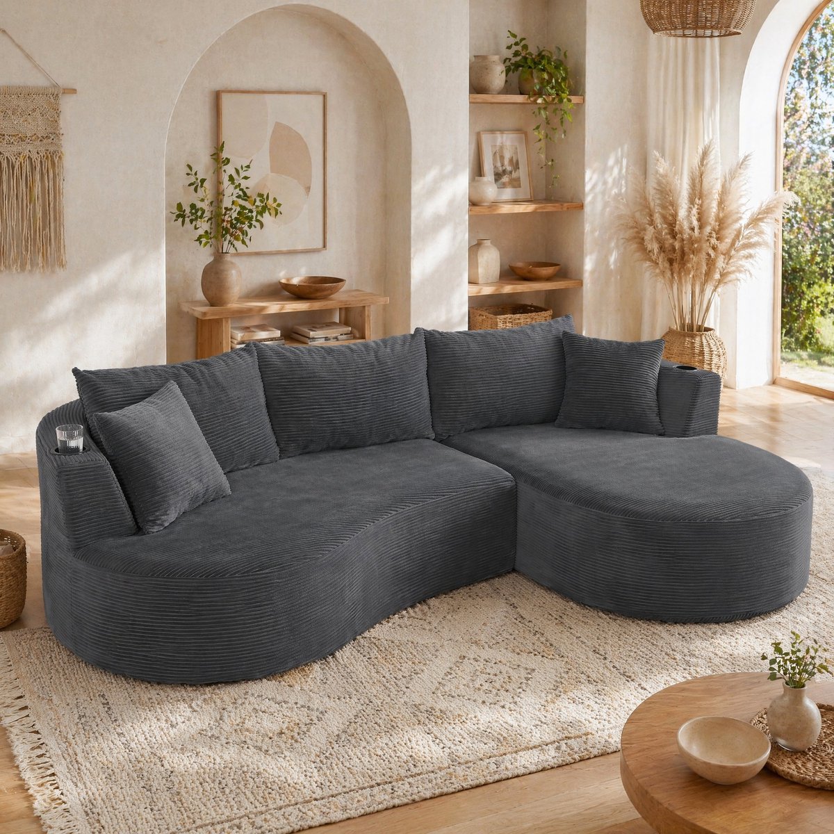 Wishdor Hoekbank - 3-zits met rechter chaise longue, bekerhouders en kussens - Zacht corduroy - Grijs - 264 x 168 x 76 cm - Voor woonkamer, hotel, appartement en kantoor