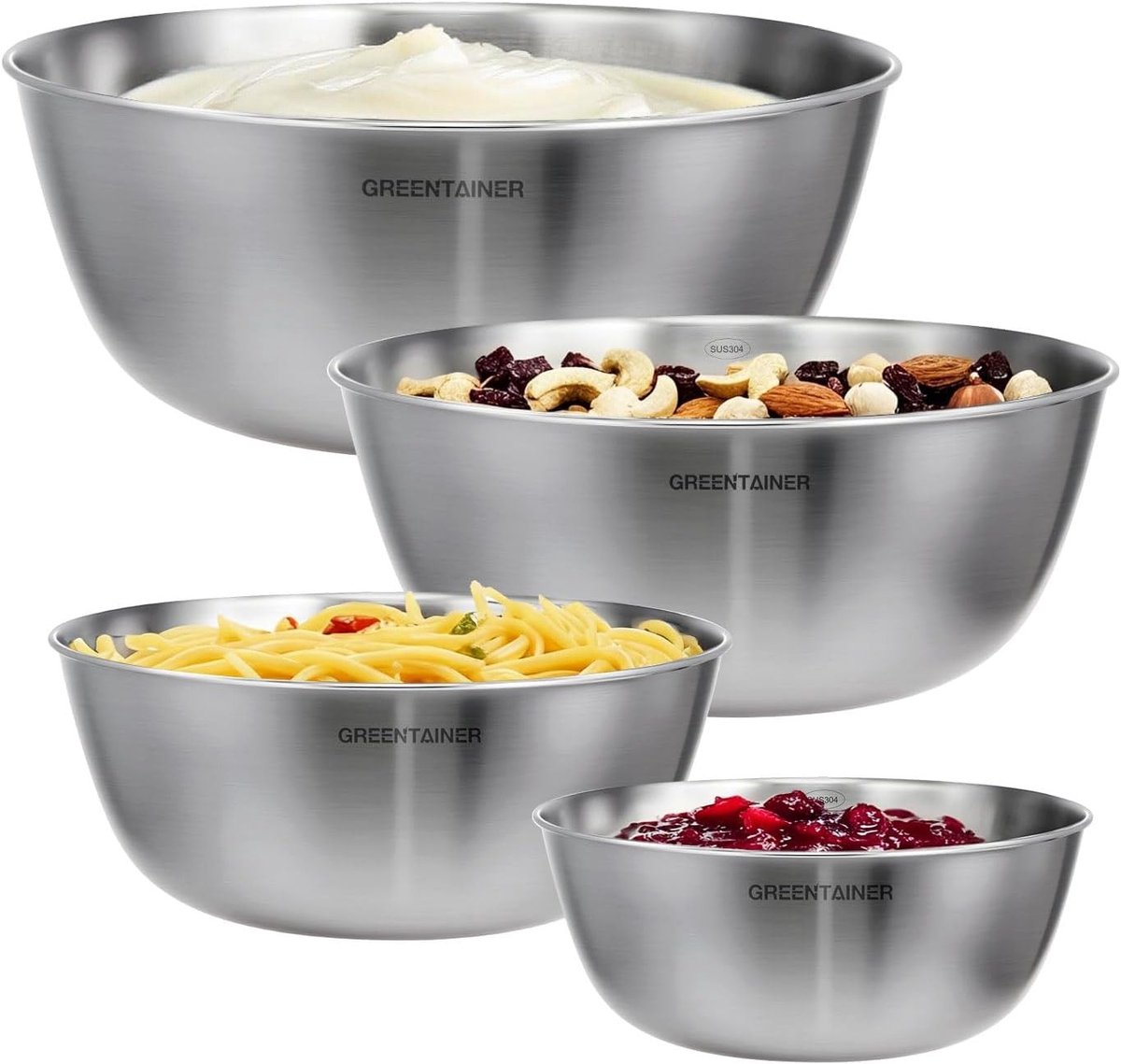 Roestvrijstalen Mengkommen Set voor Keuken, 4-delige Nesting Kom voor Salades, Bakken en Koken, Vaatwasserbestendig, 3.5L Inhoud