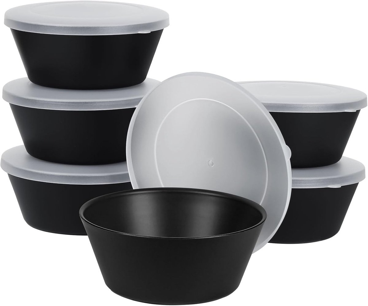 Grote onbreekbare cerealkommen met deksel - 750ml plastic pastakommetjes - vaatwasser- en magnetronbestendig - ideaal voor ontbijtgranen, salades en soepen - 6 stuks - zwart