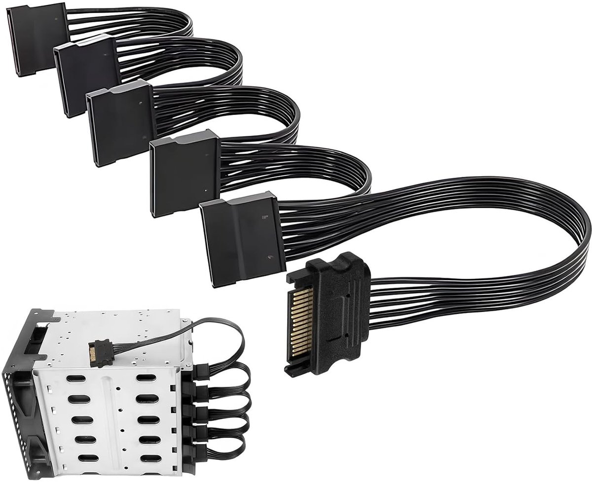 15-Pin SATA Voedingsverlengkabel 950mm, SATA Splitter Y-kabel voor HDD, SSD en Optische Drives, 1 Mannetje naar 5 Vrouwtjes Verbinding