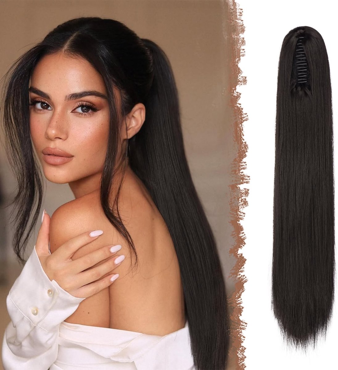 Natuurlijke Lange Ponytail Extensie van Synthetisch Haar - Zwarte en Bruine Kleur, 80cm, Perfect voor Vrouwen, Ideaal voor Feestjes en Dagelijks Gebruik