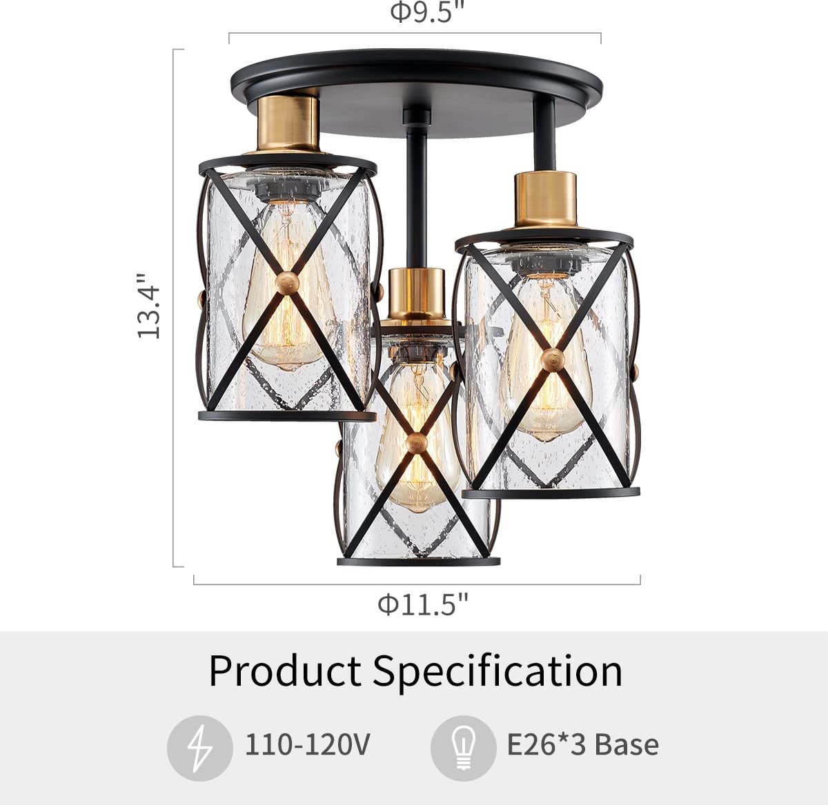 Kroonluchter semi-inbouw 3 verlichting - helder gezaaid glas - zwart met messing - stijlvol voor entree - ShopVlot
