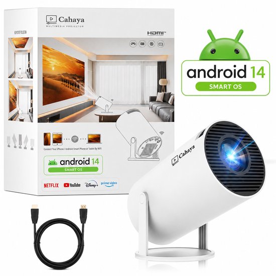 Witte Cahaya mini projector met Android 14 Smart OS, HDMI-kabel, en de mogelijkheid tot screen mirroring via WiFi. Geeft een afbeelding van een woestijnlandschap weer.