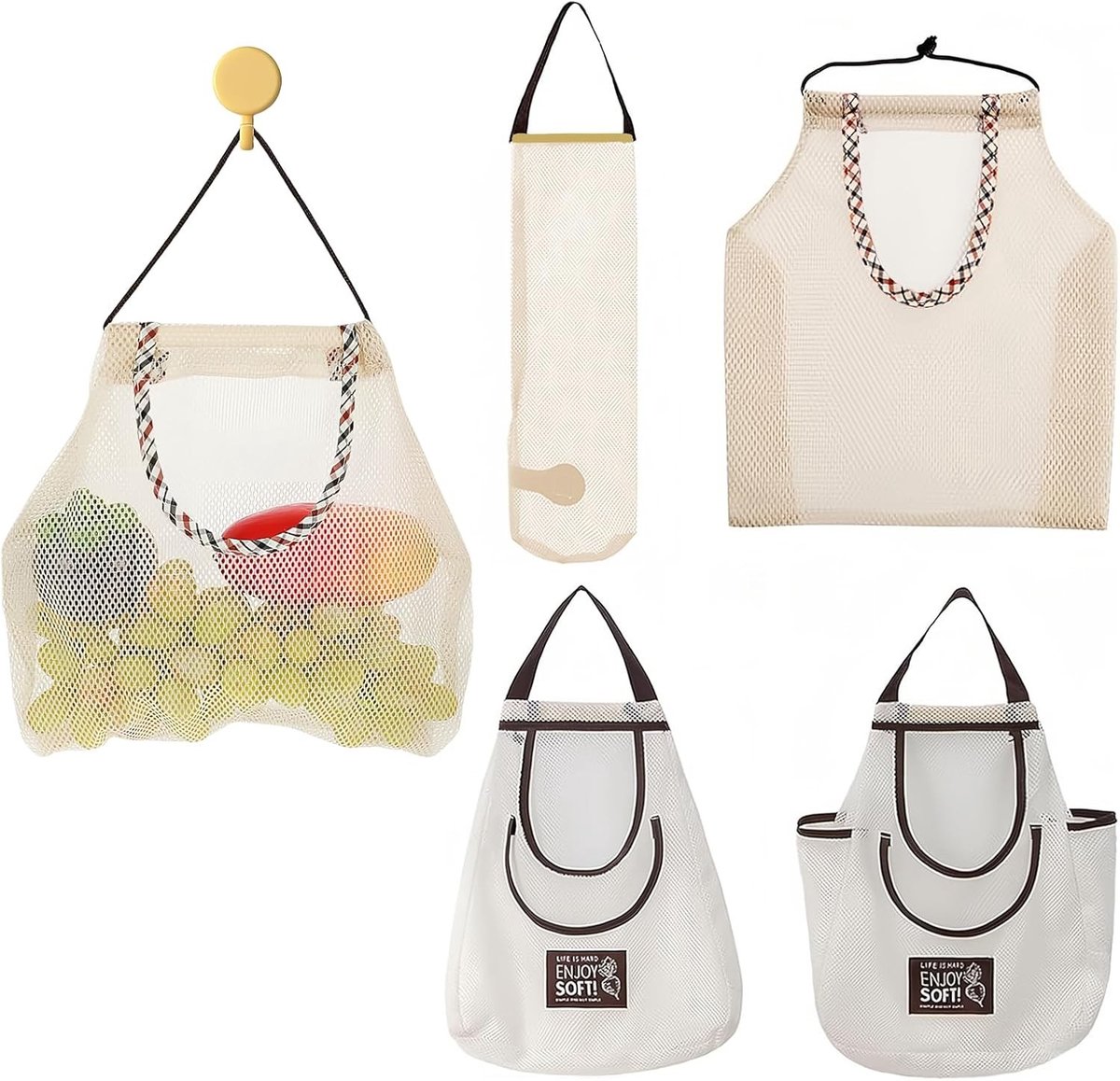 Hergebruikbare Netten voor Groenten en Fruit - Beige Mesh Tas voor Aardappelen, Uien en Meer - Set van 4 Shopping Accessoires