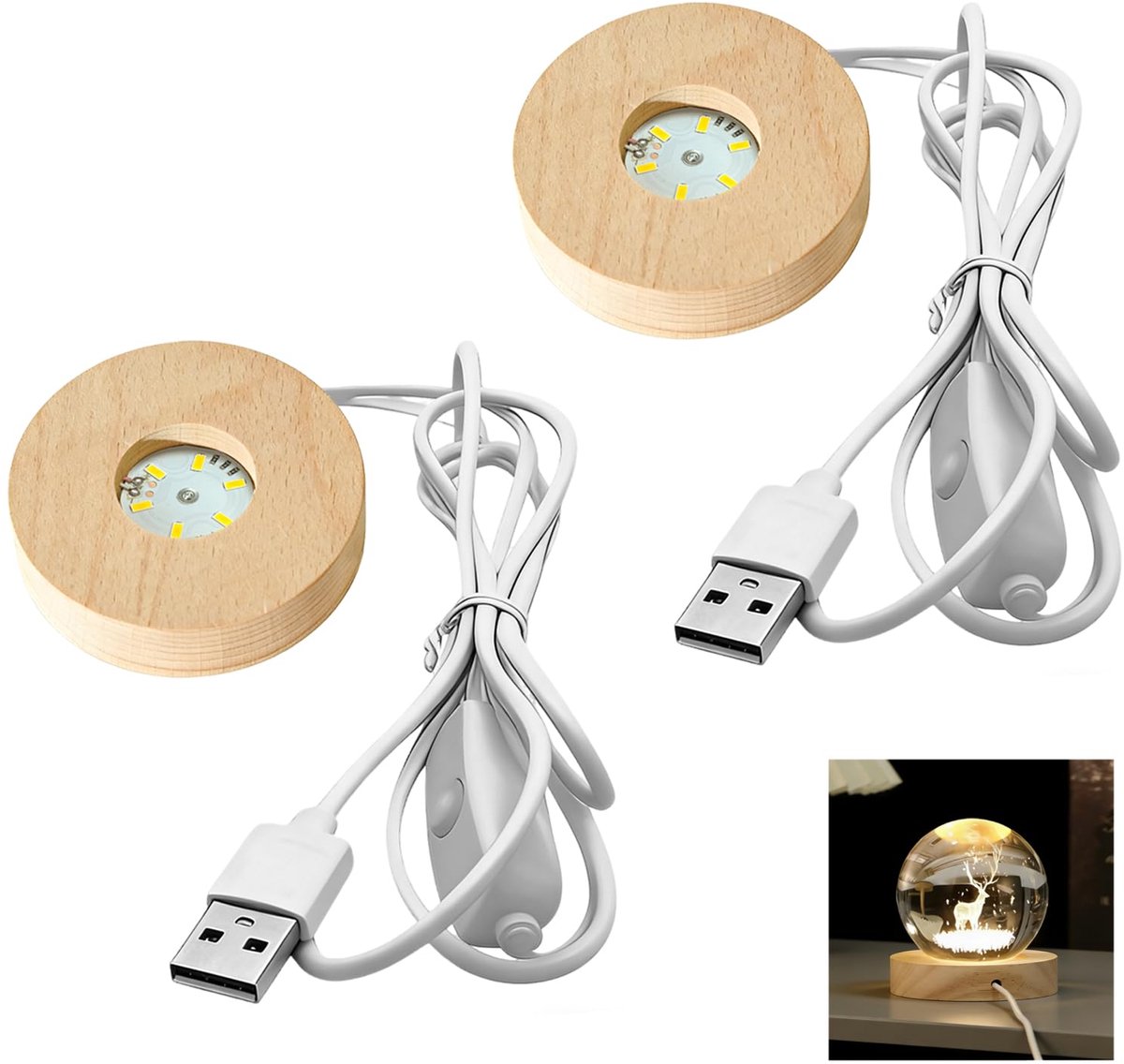 houten LED-lichtbasis 2 stuks - ronde USB-aangedreven lamphouder - met schakelaar - perfect voor 3D kristallen bol - ShopVlot