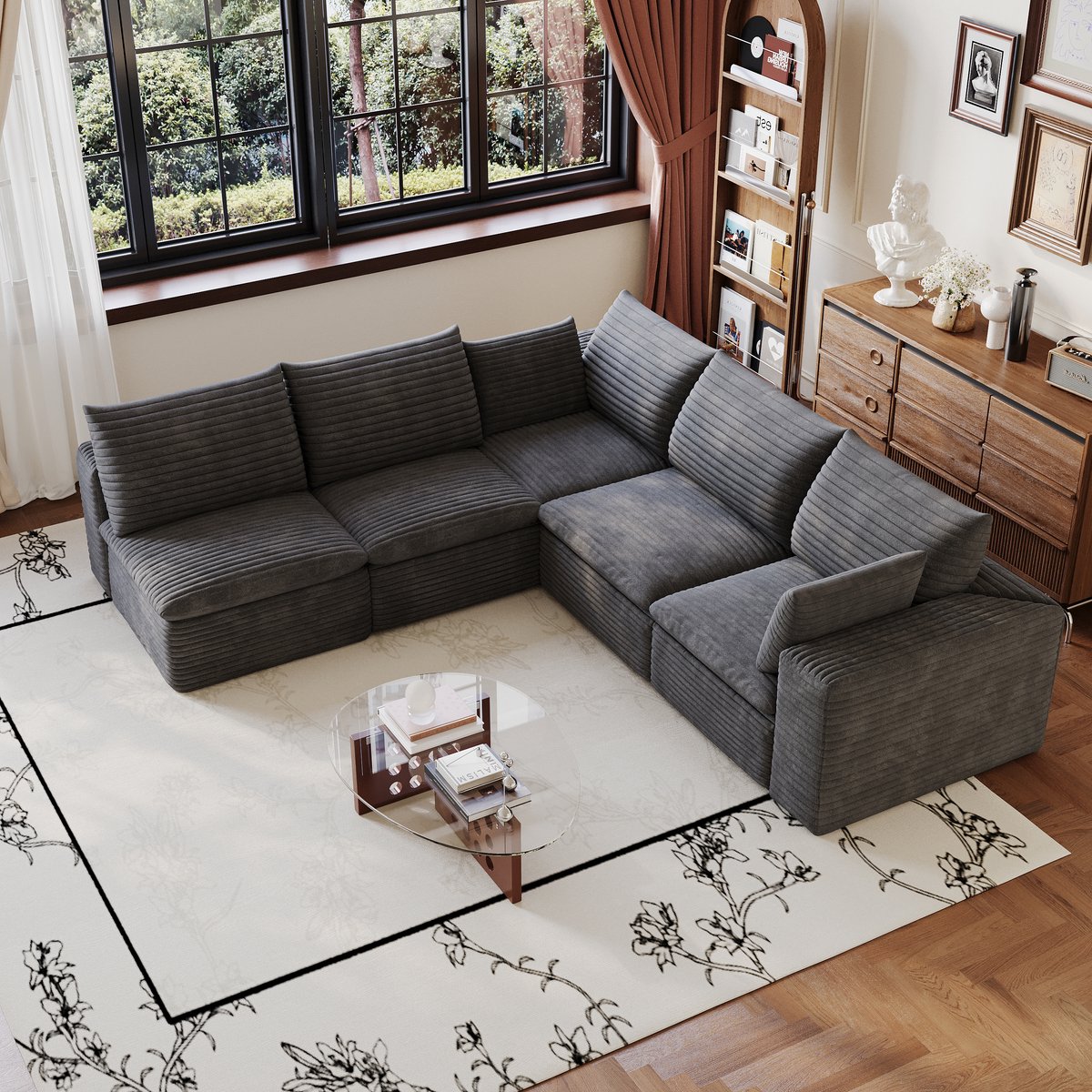 DESMIU Hoekbank 260 X 250 Cm - 5-Zits Modulaire Bank Met Zachte Zitkussens - Voor Woonkamer, Slaapkamer En Vergaderruimte - Stof - Donkergrijs