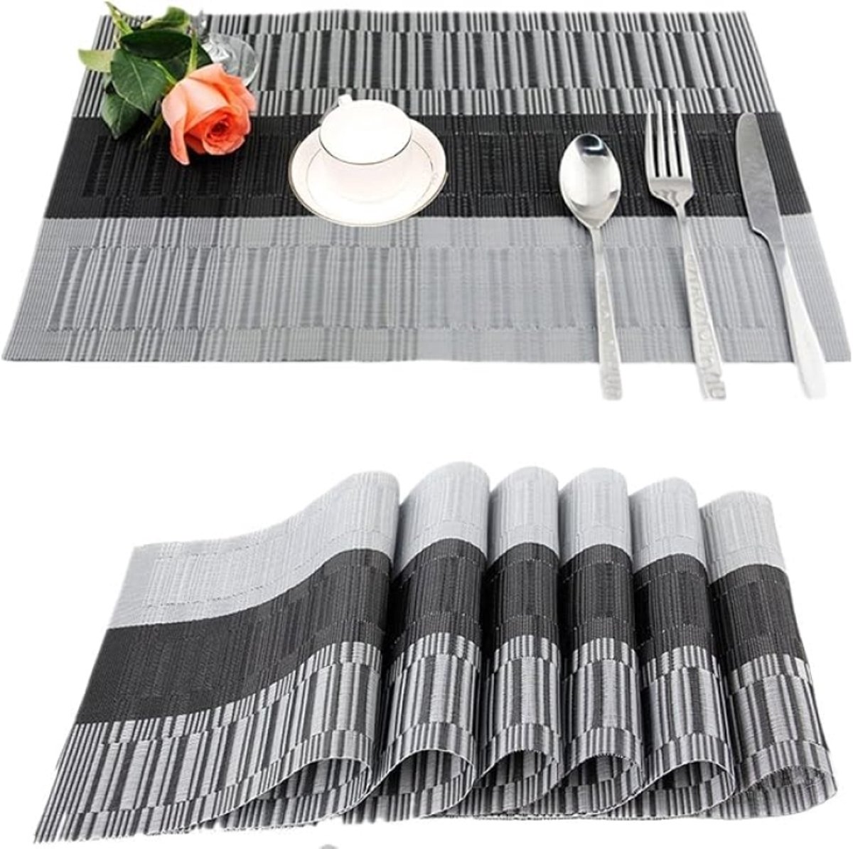 Set van 6 wasbare tafelplacemats PVC 30x45 cm - Antislip en hittebestendig - Zwart en grijs