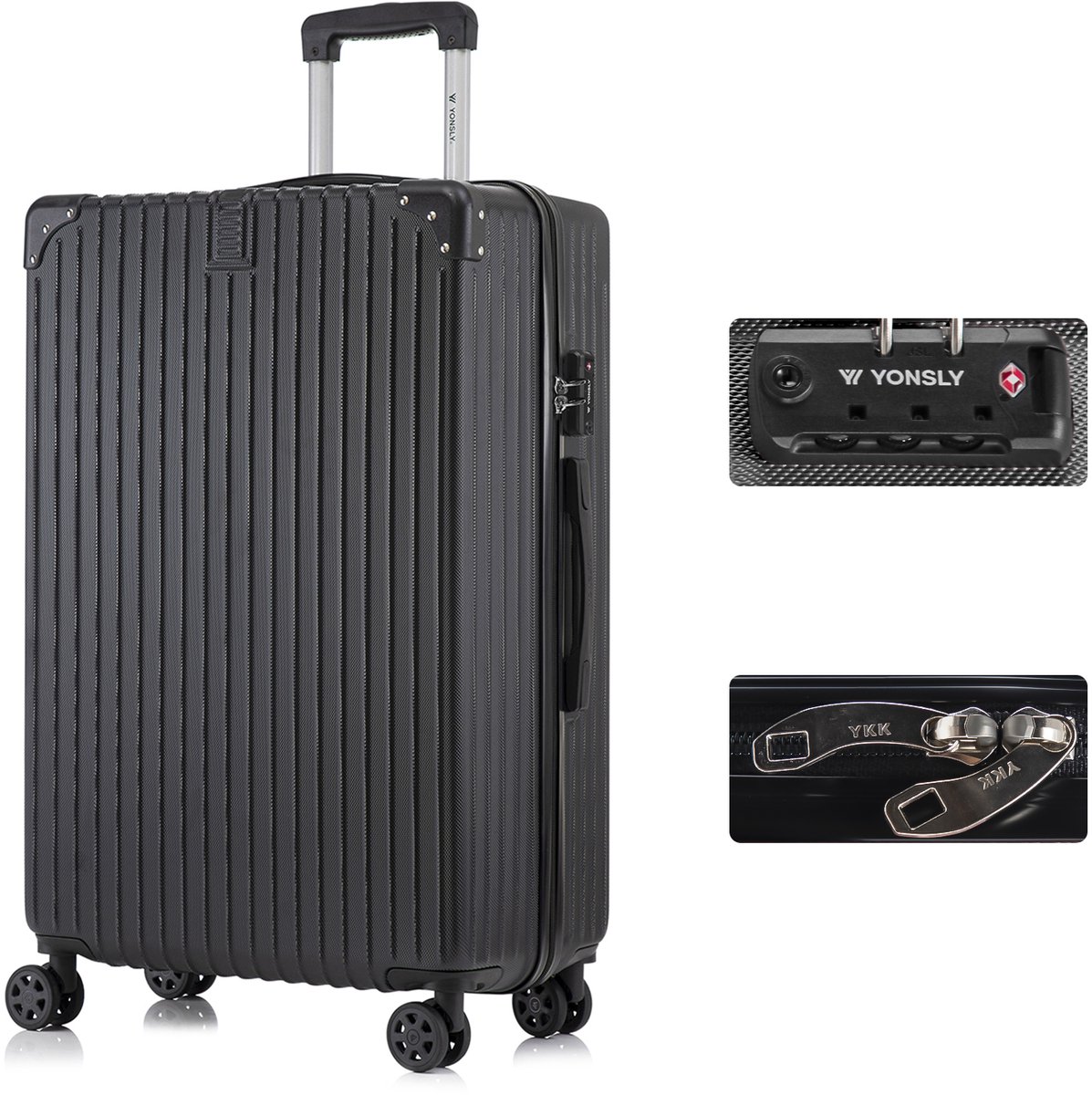 YONSLY Handbagage Koffer - 76 x 49 x 29 cm - 98 L - TSA Slot - 360° Draaibare Wielen - Grote Trolley - Zwart