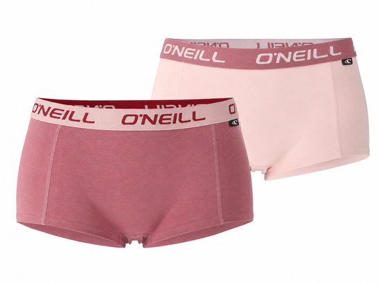 Twee O'Neill dames boxershorts, één roze en één lichtroze, beide met O'Neill logo op de tailleband.