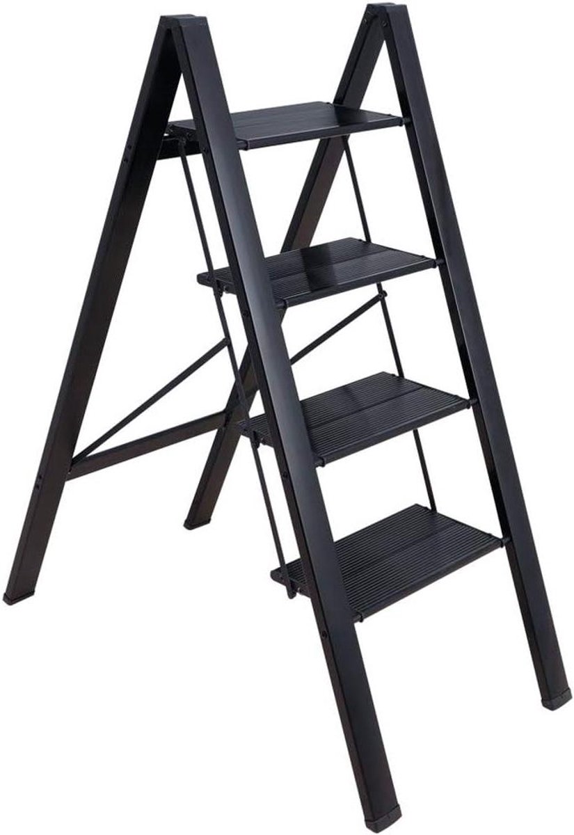 Trapladder met 4 treden - Klapbare huishoudtrap - Veilig klussen thuis - Extra brede treden - 101 cm hoog - Zwart