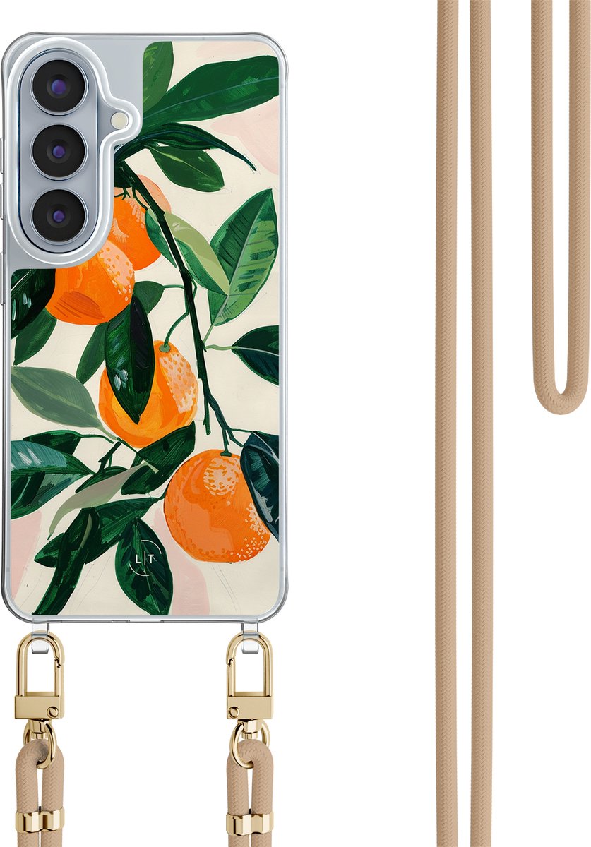 Hoesje met koord - Geschikt voor Samsung Galaxy S26 - Oranges - Verstelbaar zwart koord - Crossbody - Print / Illustratie - Beige - Leuke Telefoonhoesjes
