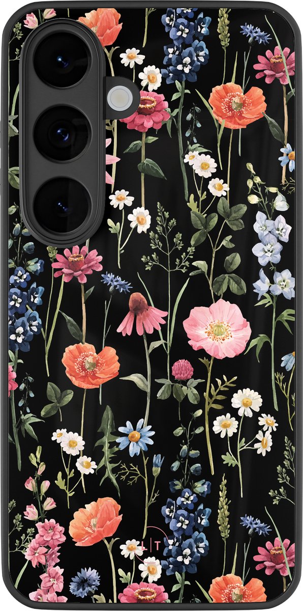 Hoesje geschikt voor Samsung Galaxy S26 - Dark flowers - Luxe Glazen Hardcase - Bloemen - Multi